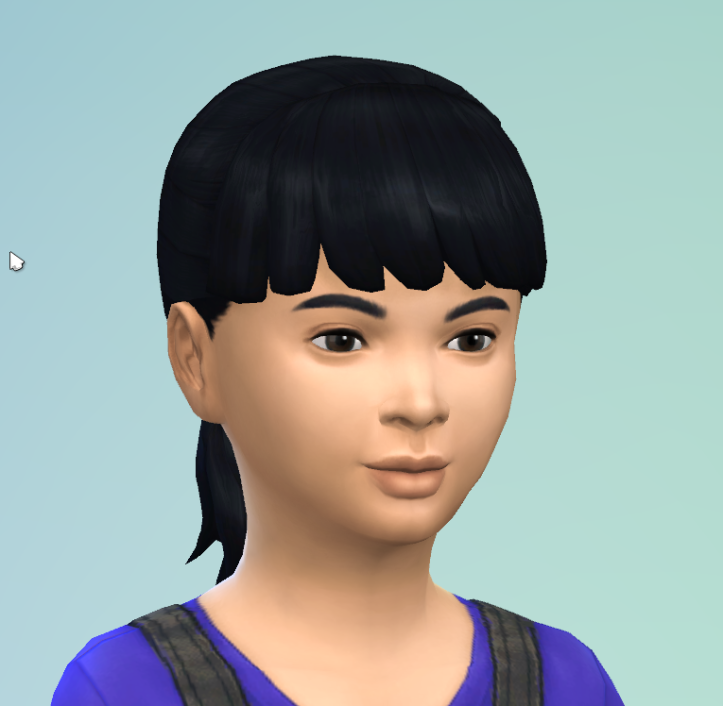 CAS shot of Nikita with dark black hair pulled into a pony tails. She doesn't have the Pigglewiggle eyes.