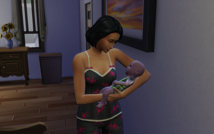 Harley (in pjs) cuddles Mina autonomously in her parent's bedroom moments after they have come home from the hospital.