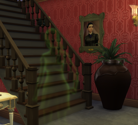 A hotel lobby, red wallpaper, wooden stairs, a large plant in a pot, a framed picture of a woman, and a blurry green figure that appears to be of a woman.