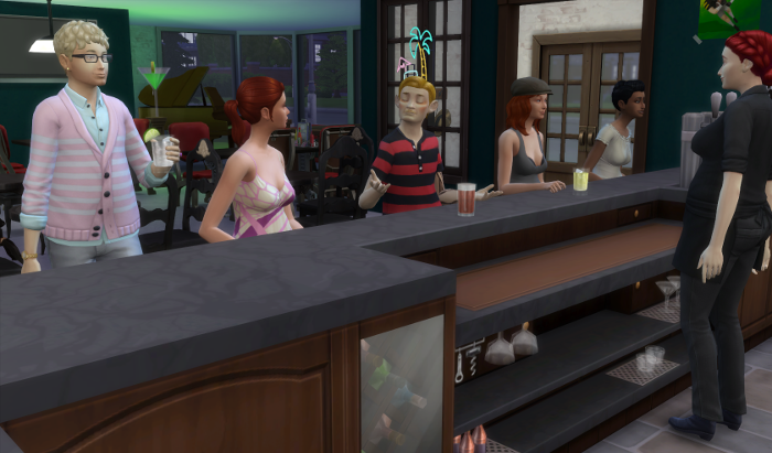 Arturo and Bella have moved down the bar. Katie - who is also red-headed in a pink printed dress sits next to Arturo. Arturo is drinking a beer.