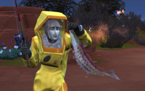 Adam in his bio suit catches a huge fish. He is thrilled.