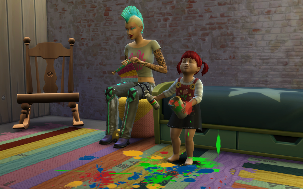 Jeep sits on the poof knitting while Angelina plays with paints on the rug in front. She looks completely happy.
