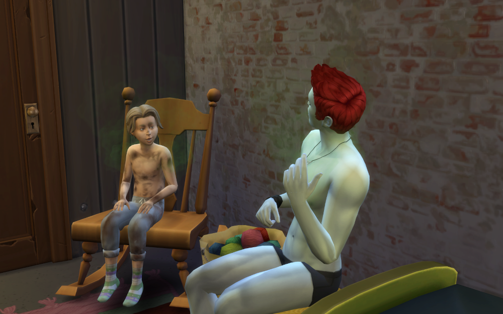 Adam and Theo are talking. Theo is dirty and wearing just pants and socks and Adam, dressed only in his underwear (laundry day?) is stinky.