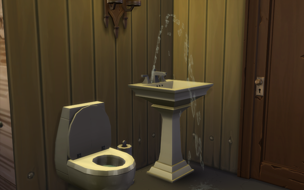 A broken sink spouting water next to a toilet.